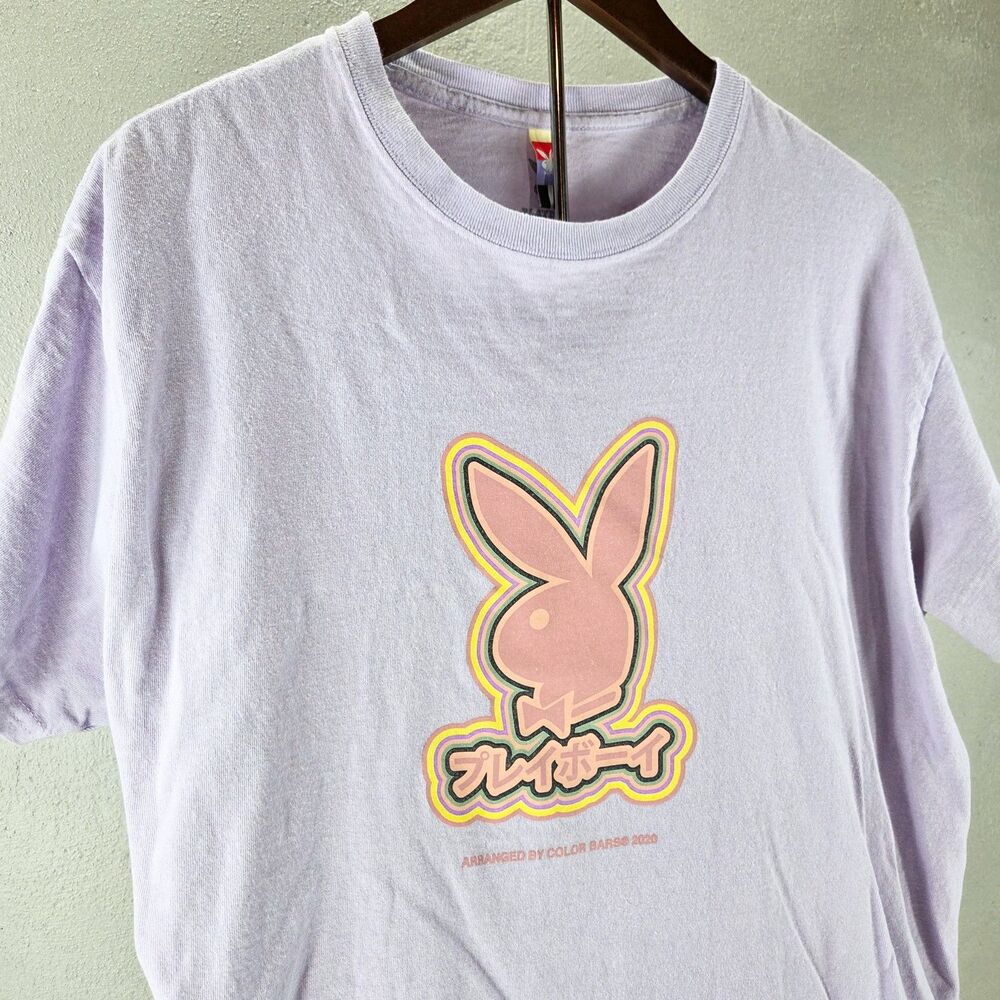 Playboy x Color Bars Japanese Logo Lavender Graphic T-Shirt Sz Large